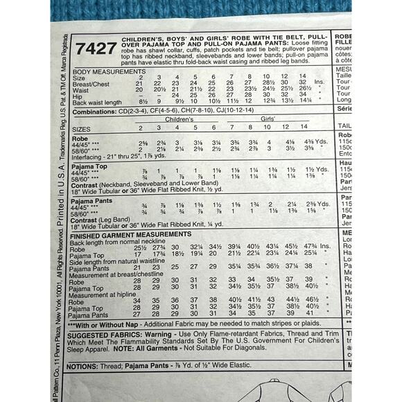 McCalls 7427 Sewing pattern Kids robe pajama top pant size 4 5 6 - Picture 4 of 6